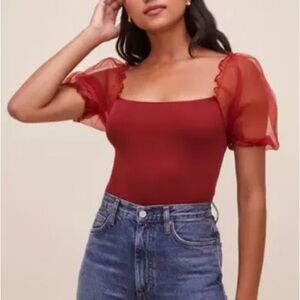 Astr Red Puff Sleeve Bodysuit